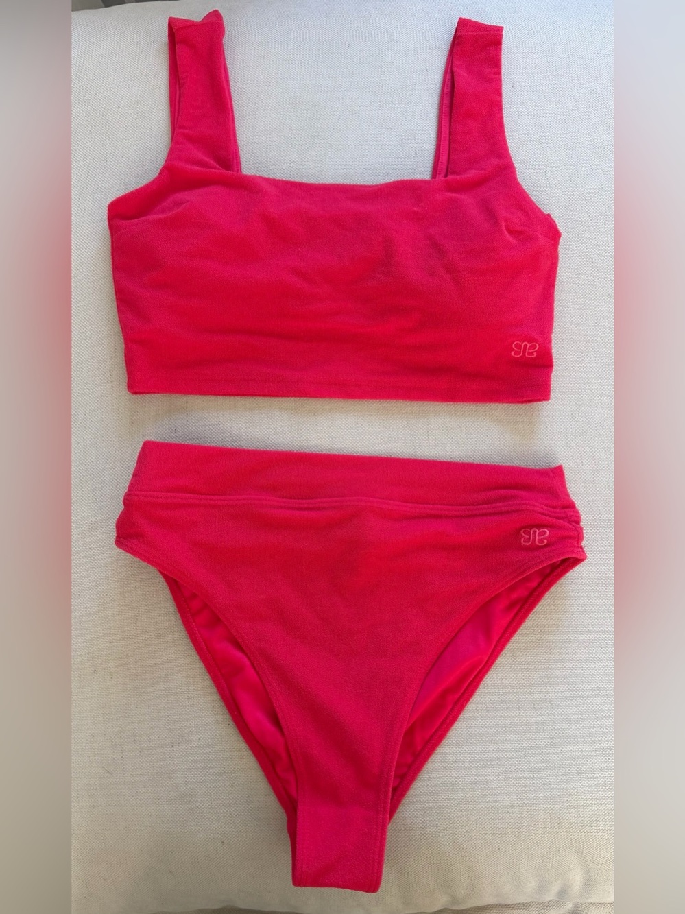 Albion fit Olive crop swim top (xs) and almost cheeky bottoms (s) in pink glow
